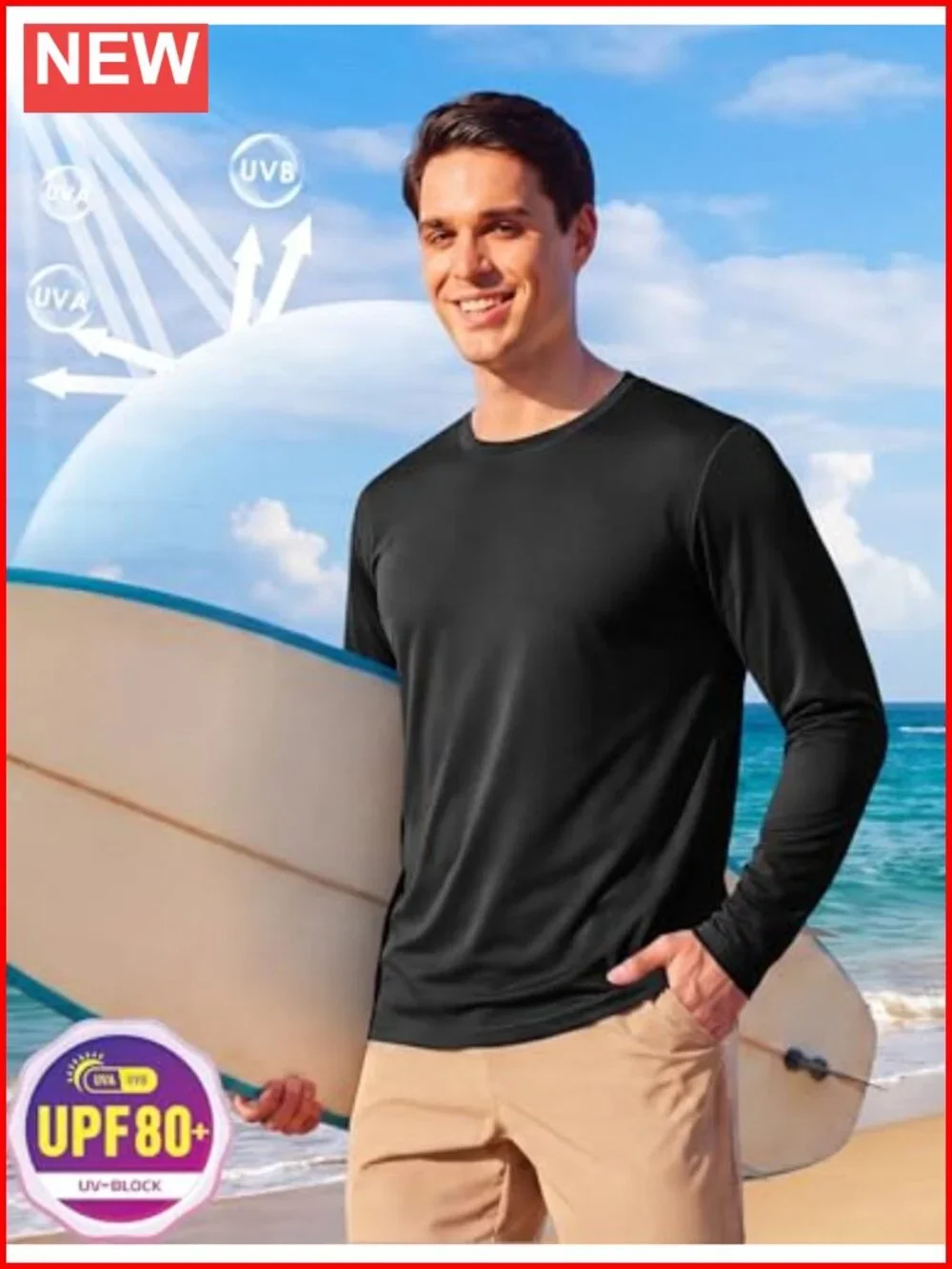 Men's UPF 80+ Sun Shirt Long Sleeve Rash Guard Quick Dry SPF UV Protection
